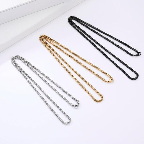 MeMeDIY 3 Pcs Chain Necklace for Men 3mm-6mm Stainless Steel Chains Gold Chain for Men Black Silver Wheat Chains 18"/20"/22"/24"/26"/28"/30 Inches in Saudi Arabia