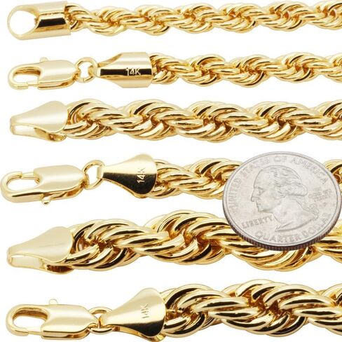 generic 14K Gold Plated Brass 6-10MM Rope Chain Necklace Bracelet Hip Hop Costume Fashion Jewelry For Women & Men 8″-30 in Saudi Arabia