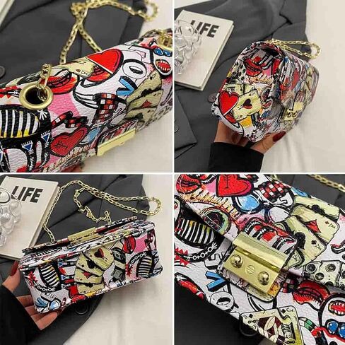 Women’s Fashion Printed Shoulder Bag, PU Leather Graffiti Square Tote Purse, Ladies Vintage Painted Pattern Crossbody Bag in Saudi Arabia