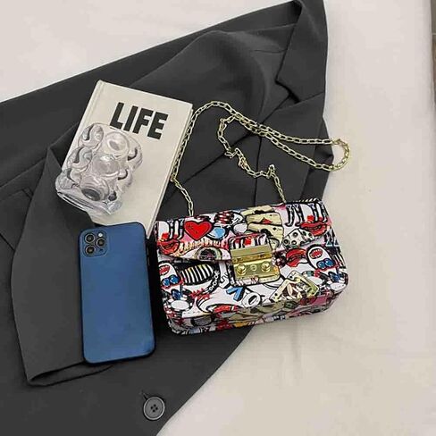 Women’s Fashion Printed Shoulder Bag, PU Leather Graffiti Square Tote Purse, Ladies Vintage Painted Pattern Crossbody Bag in Saudi Arabia