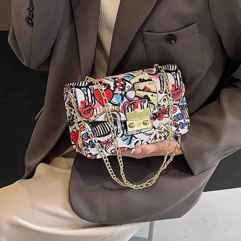 Women’s Fashion Printed Shoulder Bag, PU Leather Graffiti Square Tote Purse, Ladies Vintage Painted Pattern Crossbody Bag in Saudi Arabia