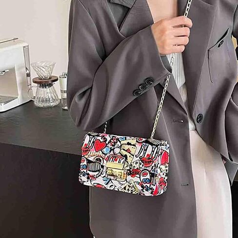 Women’s Fashion Printed Shoulder Bag, PU Leather Graffiti Square Tote Purse, Ladies Vintage Painted Pattern Crossbody Bag in Saudi Arabia