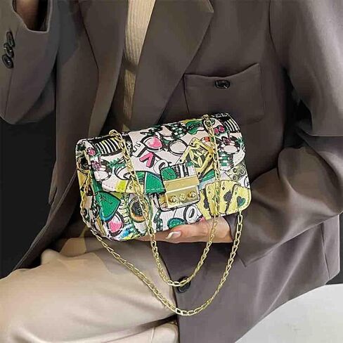 Women’s Fashion Printed Shoulder Bag, PU Leather Graffiti Square Tote Purse, Ladies Vintage Painted Pattern Crossbody Bag in Saudi Arabia