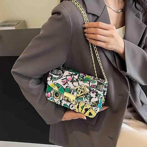 Women’s Fashion Printed Shoulder Bag, PU Leather Graffiti Square Tote Purse, Ladies Vintage Painted Pattern Crossbody Bag in Saudi Arabia