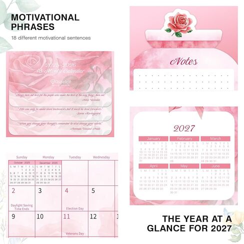 Ospelelf Floral Desk Calendar 2025-2026 ، Mini Pink Standing Rose Devination Salendars ، 18 شهرًا ، من يناير 2025 إلى يونيو 2026 ، in Kuwait