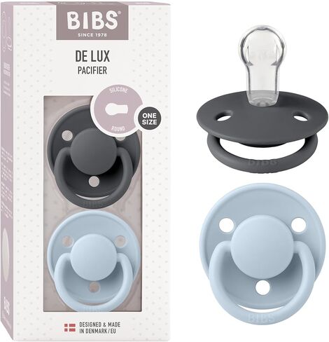 Pibs de Lux Baby Pacifier 2-Pack | صنع في الدنمارك | BPA حرة وهمية وهمية ، حلمة مستديرة. السيليكون ، oneize (0-36 شهر) ، السحابة/الصلب الأزرق in Kuwait