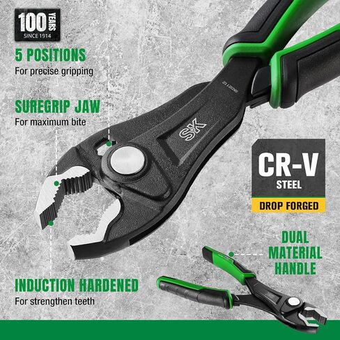 SK 8-Inch Adjustable Slip Joint Pliers, Premium CR-V Construction, SureGrip V-Jaw Design with Comfortable Grips in Kuwait