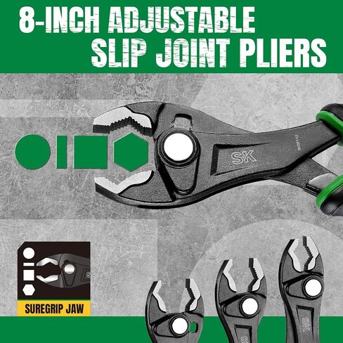 SK 8-Inch Adjustable Slip Joint Pliers, Premium CR-V Construction, SureGrip V-Jaw Design with Comfortable Grips in Kuwait