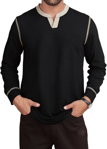 Men's Casual V Neck Long Sleeve Tees Henley T-Shirt Comfortable Pullover Tops with Pocket in Saudi Arabia