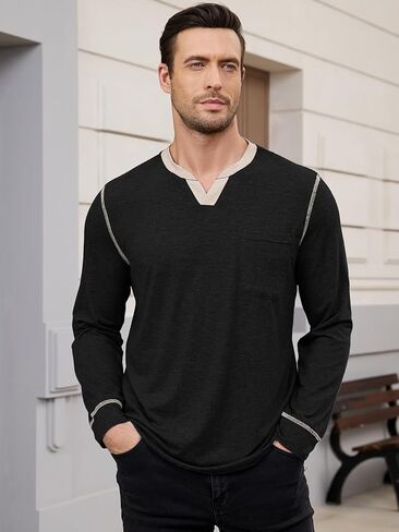 Men's Casual V Neck Long Sleeve Tees Henley T-Shirt Comfortable Pullover Tops with Pocket in Saudi Arabia