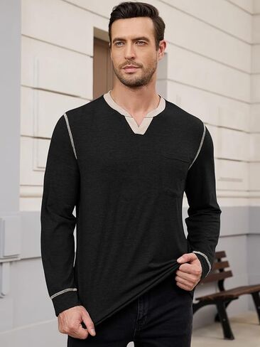 Men's Casual V Neck Long Sleeve Tees Henley T-Shirt Comfortable Pullover Tops with Pocket in Saudi Arabia
