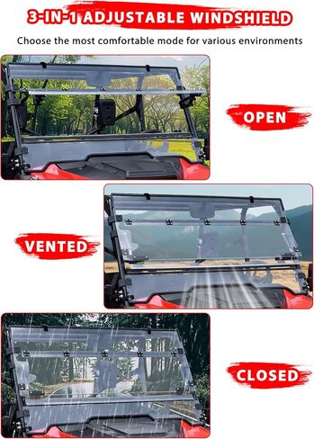 3-IN-1 Flip Up Windshield for Honda Pioneer 1000-3 1000-5 1000-6 2016-2025, 1/5" Hard Coated PC Adjustable Windscreen for Pioneer 1000 Accessories, Open/Vented/Closed, Installation Video in Saudi Arabia