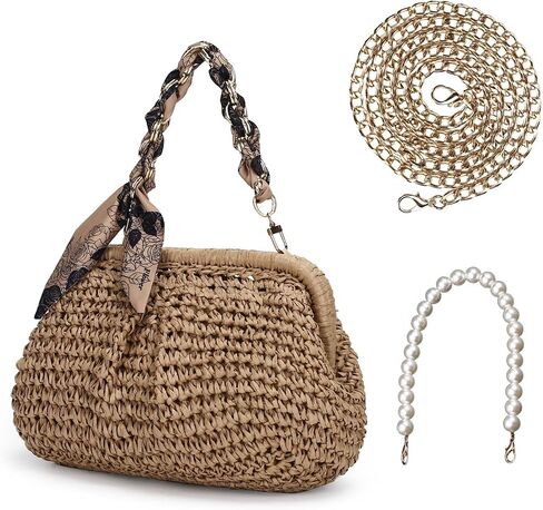 Summer Straw Clutch Purses for Women, Beach Woven Straw Crossbody Handbags with Pearl Chain, Dumpling Wicker Purse in Saudi Arabia