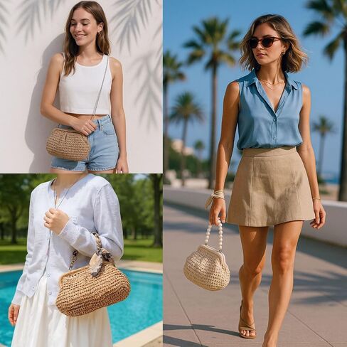 Summer Straw Clutch Purses for Women, Beach Woven Straw Crossbody Handbags with Pearl Chain, Dumpling Wicker Purse in Saudi Arabia