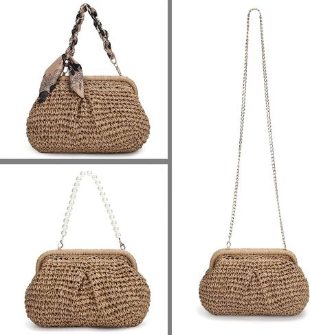 Summer Straw Clutch Purses for Women, Beach Woven Straw Crossbody Handbags with Pearl Chain, Dumpling Wicker Purse in Saudi Arabia