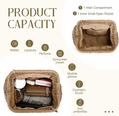 Summer Straw Clutch Purses for Women, Beach Woven Straw Crossbody Handbags with Pearl Chain, Dumpling Wicker Purse in Saudi Arabia