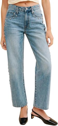 D-Sun Women's Studded Mid Rise Straight Jeans Wide Leg Casual Jeans Rivet Baggy Denim Pants in Saudi Arabia