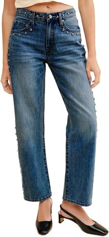 D-Sun Women's Studded Mid Rise Straight Jeans Wide Leg Casual Jeans Rivet Baggy Denim Pants in Saudi Arabia