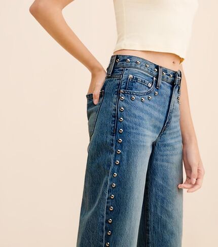 D-Sun Women's Studded Mid Rise Straight Jeans Wide Leg Casual Jeans Rivet Baggy Denim Pants in Saudi Arabia