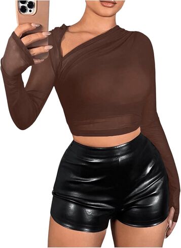 Verdusa Women's Y2k Mesh Long Sleeve Crop Tops Asymmetrical Neck Ruched Fitted T Shirts in Saudi Arabia