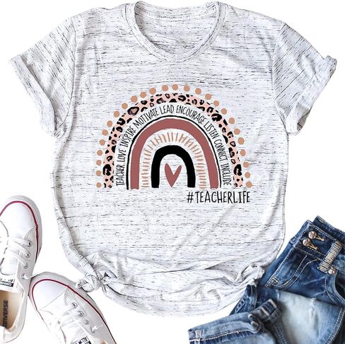 Women Teacher Life Shirt Rainbow Leopard Graphic Tee Kindergarten Teachers Gift T Shirt Inspirational Tops in Saudi Arabia
