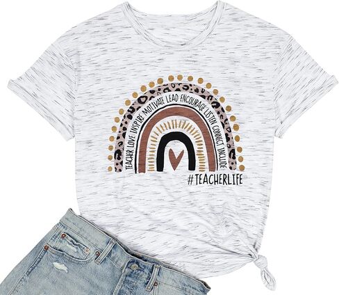 Women Teacher Life Shirt Rainbow Leopard Graphic Tee Kindergarten Teachers Gift T Shirt Inspirational Tops in Saudi Arabia