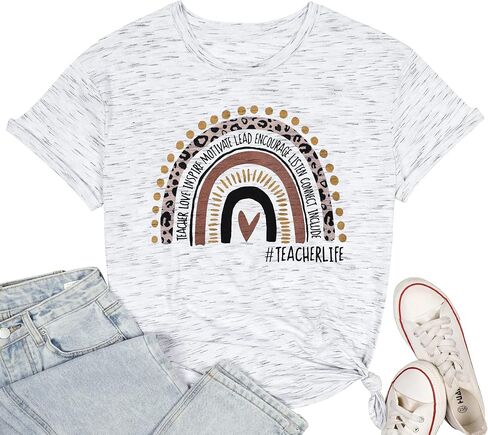 Women Teacher Life Shirt Rainbow Leopard Graphic Tee Kindergarten Teachers Gift T Shirt Inspirational Tops in Saudi Arabia