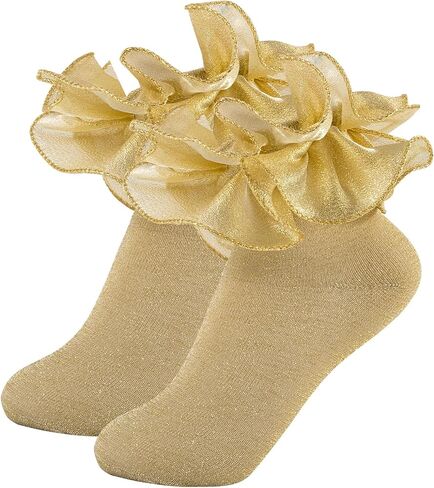 Gold Girls Ruffle Socks 4 Pairs Shimmering Big Double Layer Lace Ruffles Frilly Dress Socks for Baby Toddler Girl in Kuwait