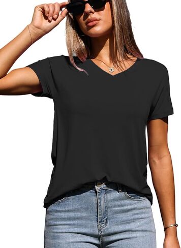 Abardsion 2025 Summer V Neck T Shirts for Women Trendy Outfits Loose Fitted Elegant Blouses Tops in Kuwait