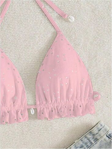 Oyoangle Women's Triangle Halter Bikini Top Boho Eyelet Emelet Duster Suit Tops Beache in Saudi Arabia