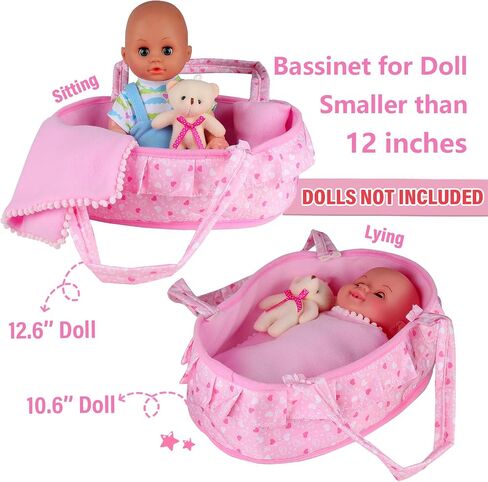 Baby Doll Cradle Bassinet Portable Doll Carrier Carry Bag Doll Bed Cot,Baby Doll Accessories Playset,Soft Pillow Quilt Blanket Bear,for 8-9-10-11-12 Inch Smaller Alive Baby Doll,Pretend Play Toy in Saudi Arabia