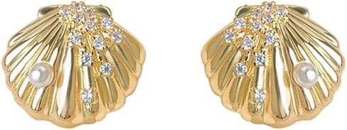 14K Gold Plated Seashell Stud Earrings for Women 925 Sterling Silver Pin Post Crystal Sparkling Cubic Zirconia Shell Pearl Seashore Studs Earring Sea Ocean Dainty Summer Beach Jewelry in Saudi Arabia