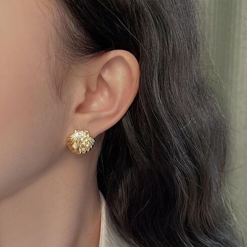 14K Gold Plated Seashell Stud Earrings for Women 925 Sterling Silver Pin Post Crystal Sparkling Cubic Zirconia Shell Pearl Seashore Studs Earring Sea Ocean Dainty Summer Beach Jewelry in Saudi Arabia