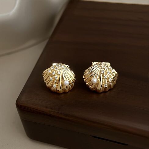 14K Gold Plated Seashell Stud Earrings for Women 925 Sterling Silver Pin Post Crystal Sparkling Cubic Zirconia Shell Pearl Seashore Studs Earring Sea Ocean Dainty Summer Beach Jewelry in Saudi Arabia