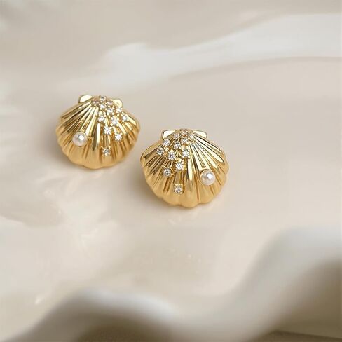 14K Gold Plated Seashell Stud Earrings for Women 925 Sterling Silver Pin Post Crystal Sparkling Cubic Zirconia Shell Pearl Seashore Studs Earring Sea Ocean Dainty Summer Beach Jewelry in Saudi Arabia