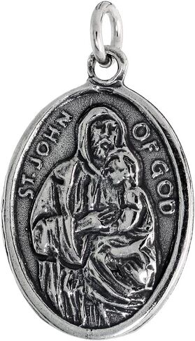Sterling Silver St John of God San Juan de Dios Medal Necklace Oxidized finish Oval 1.8mm Chain in Saudi Arabia