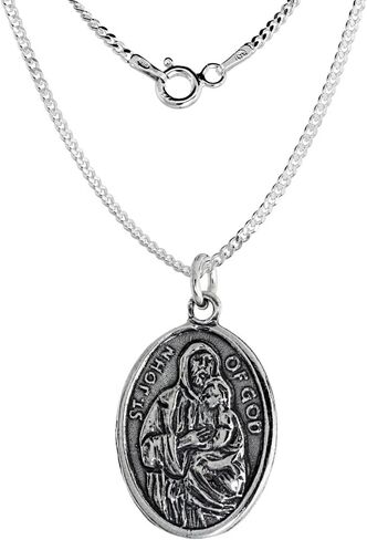 Sterling Silver St John of God San Juan de Dios Medal Necklace Oxidized finish Oval 1.8mm Chain in Saudi Arabia