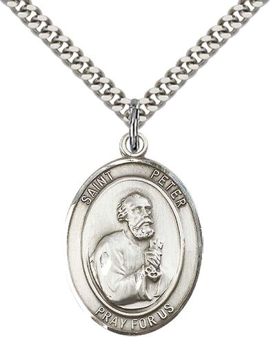 F A Dumont Sterling Silver St. Peter The Apostle Pendant with 24" Stainless Steel Heavy Curb Chain. Patron Saint of Butchers/Fisherman in Saudi Arabia