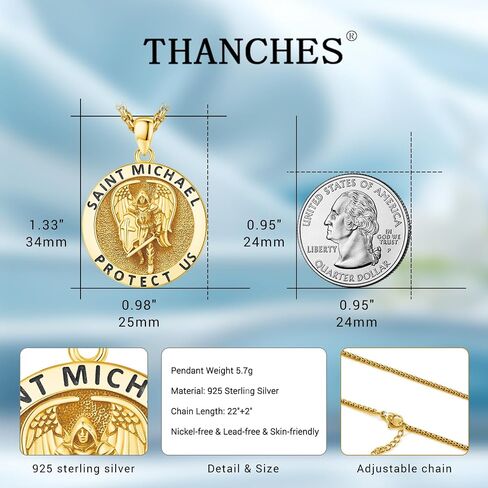 Archangel St Michael Pendant Necklace for Men Women, 925 Sterling Silver Patron Saint of Courage and Protection Medal Pendant in Saudi Arabia