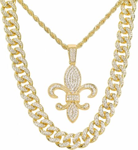 Techno Pave Men's 12mm Iced Out Cuban and Pendant Necklace Set - 24-Inch Chain, Hip-Hop Streetwear Jewelry in Saudi Arabia