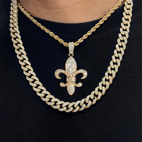Techno Pave Men's 12mm Iced Out Cuban and Pendant Necklace Set - 24-Inch Chain, Hip-Hop Streetwear Jewelry in Saudi Arabia