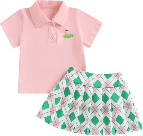 Zaxarra Toddler Girl Sports Outfit Short Sleeve Lapel Tops Tennis Bow Pattern Mini A Line Skirt Casual Cute 2 PCS Set in Kuwait