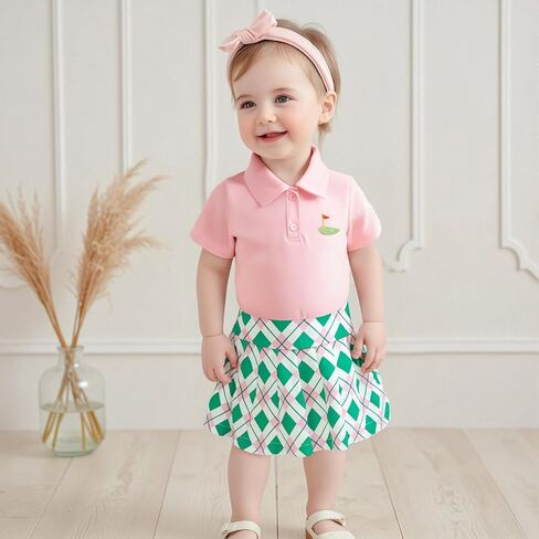 Zaxarra Toddler Girl Sports Outfit Short Sleeve Lapel Tops Tennis Bow Pattern Mini A Line Skirt Casual Cute 2 PCS Set in Kuwait