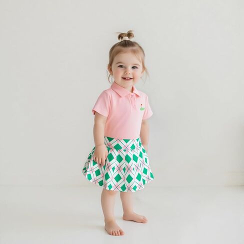 Zaxarra Toddler Girl Sports Outfit Short Sleeve Lapel Tops Tennis Bow Pattern Mini A Line Skirt Casual Cute 2 PCS Set in Kuwait