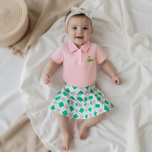 Zaxarra Toddler Girl Sports Outfit Short Sleeve Lapel Tops Tennis Bow Pattern Mini A Line Skirt Casual Cute 2 PCS Set in Kuwait