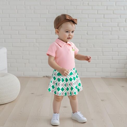 Zaxarra Toddler Girl Sports Outfit Short Sleeve Lapel Tops Tennis Bow Pattern Mini A Line Skirt Casual Cute 2 PCS Set in Kuwait