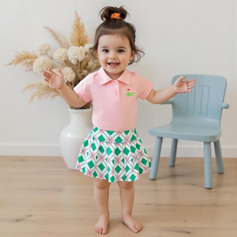 Zaxarra Toddler Girl Sports Outfit Short Sleeve Lapel Tops Tennis Bow Pattern Mini A Line Skirt Casual Cute 2 PCS Set in Kuwait