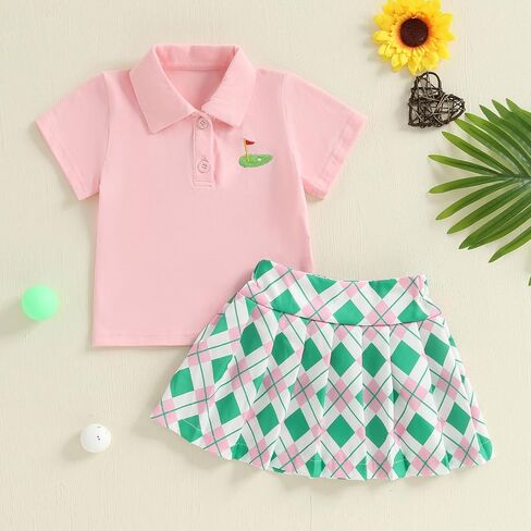 Zaxarra Toddler Girl Sports Outfit Short Sleeve Lapel Tops Tennis Bow Pattern Mini A Line Skirt Casual Cute 2 PCS Set in Kuwait