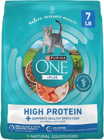 Purina One Plus عالي البروتين Cat Food السلمون الجاف والأسماك البيضاء في المحيط وحيدة صحة المعطف - 3.5 رطل. in Kuwait