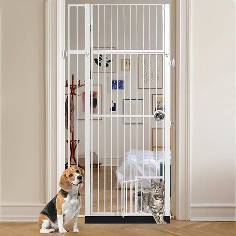 96 "Extra Wide 32" Gate Tall Dog Indoor لشجرة عيد الميلاد ، بوابات الكلاب للمداخل ، الدرج ، المنزل ، بوابة الحيوانات الأليفة القابلة للطي الخشبية ، خطوة فوق بوابة الجرو ، 4 لوحات ، أبيض in Kuwait
